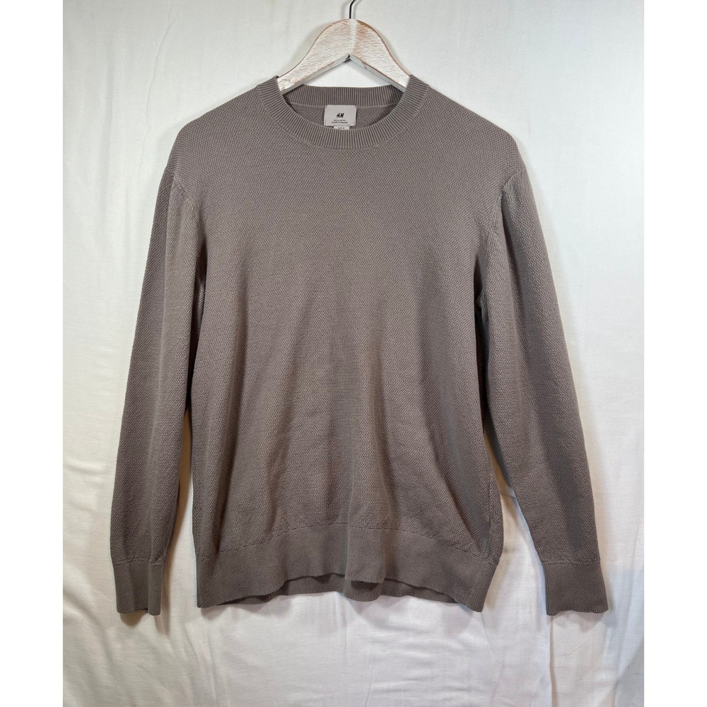 H&M Mens Regular Fit Textured Cotton Knit Crewneck Sweater Taupe Brown Medium